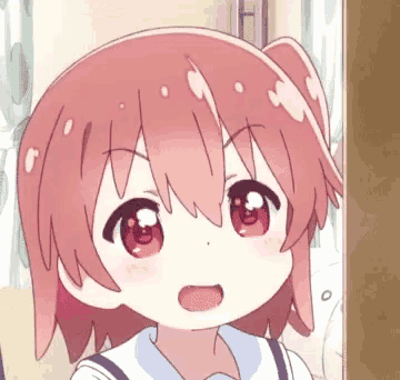 a close up of a pink haired anime girl with a surprised look on her face .