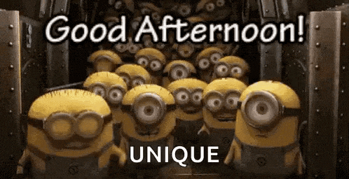 a bunch of minions are standing next to each other in a room and saying good afternoon .