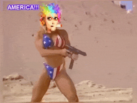 a pixel art of a woman in a bikini holding a gun with the words america written above her