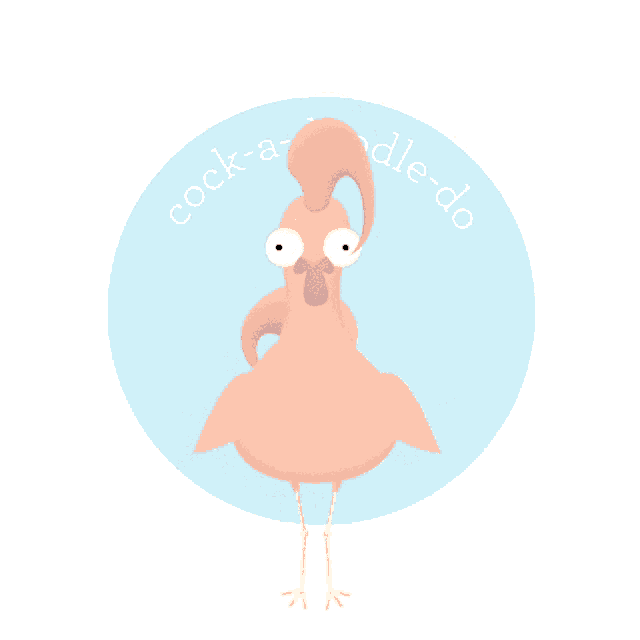a cartoon of a pink chicken with the words cock-a-doodle-do written on the bottom