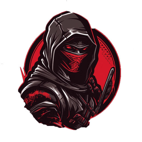 a drawing of a hooded figure with a red mask and a sword