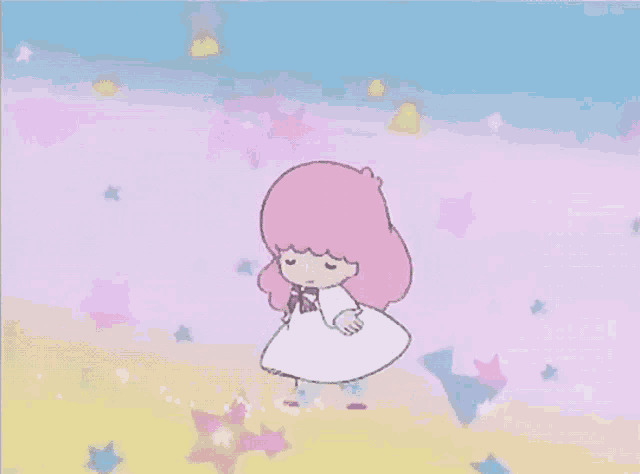a little girl with pink hair is dancing on a pink and blue background with stars