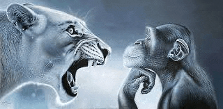 a lion and a chimpanzee are standing next to each other with their mouths open .
