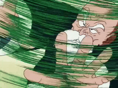a close up of a cartoon character 's face with a green background behind him