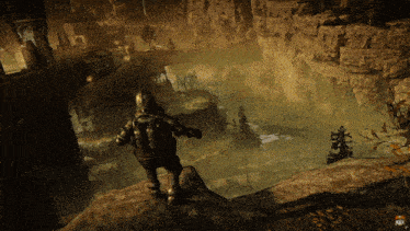 a screenshot of a video game shows a knight standing on top of a rock