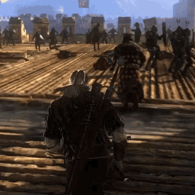 a man with a sword in his back stands in front of a group of people