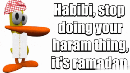 a cartoon duck with the words habibi stop doing your haram thing it 's ramadan on the bottom