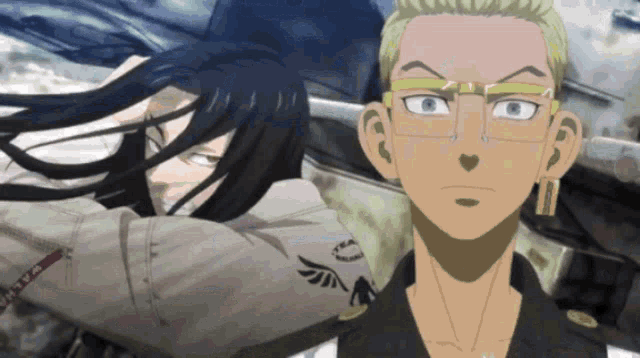 a couple of anime characters standing next to each other with one wearing glasses