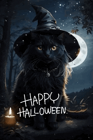a black cat wearing a witch hat is sitting next to a candle and says happy halloween