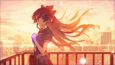 a girl with long hair is standing on a balcony