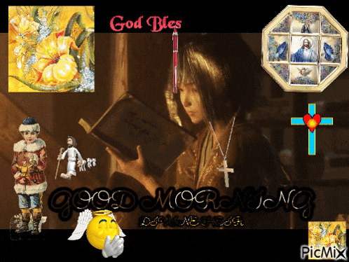 a picture of a woman reading a bible with the words good morning