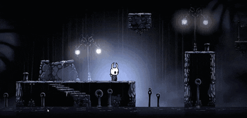 a black and white video game scene with a knight standing in the rain