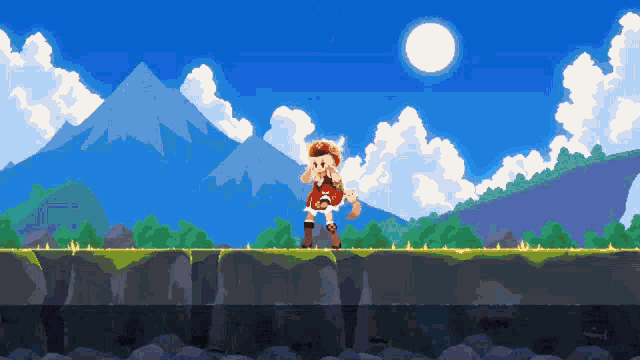 a pixel art of a person standing in front of a mountain