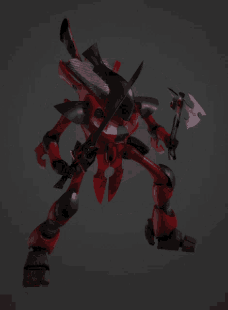 a red robot with a sword and an axe on a grey background