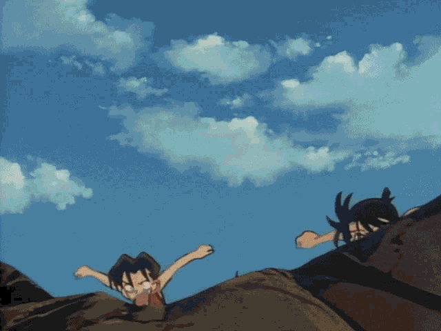 a group of cartoon characters are jumping off a rock