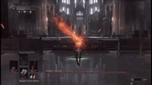 a video game is being played where a character is being attacked by a dragon