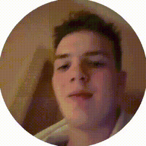 a close up of a young man 's face in a circle on a white background