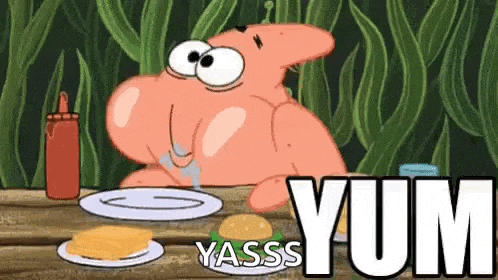 patrick star from spongebob squarepants is sitting at a table eating food .