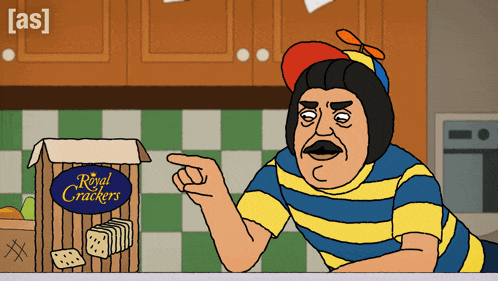 a cartoon man points at a box of royal crackers