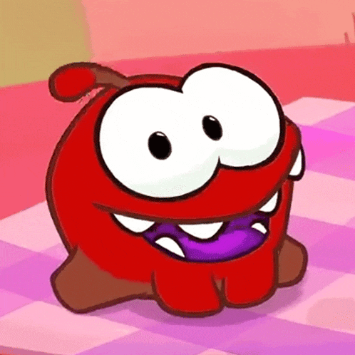 a red cartoon character with a purple tongue and white teeth