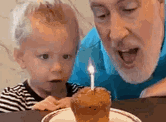 a man and a child looking at a cupcake with a candle
