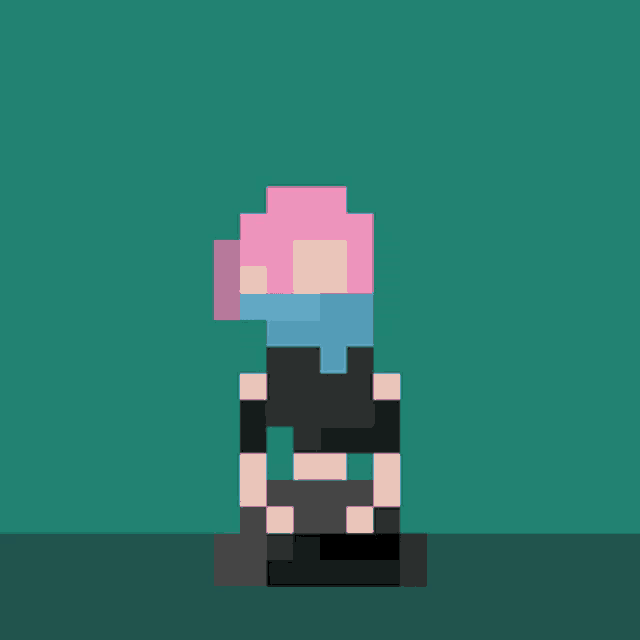a pixel art drawing of a woman with pink hair