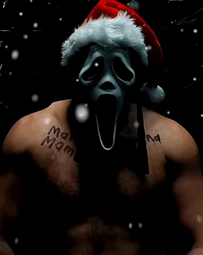 a shirtless man wearing a santa hat has the name sabrina written on his chest