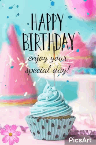 a happy birthday greeting card with a cupcake and a sparkler