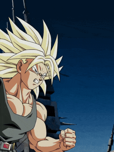 a cartoon of a man with blonde hair and a fist in the air