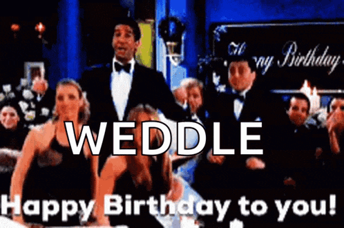 a group of people are dancing at a birthday party and the words weddle happy birthday to you