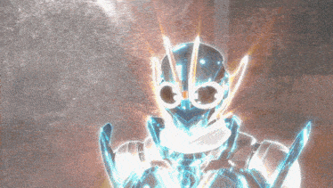 a futuristic robot with a glowing head and a pair of scissors on his face