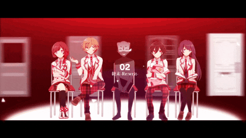 a group of anime characters are sitting in a row with the number 02 in the middle