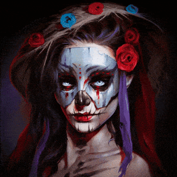 a painting of a woman with a day of the dead mask on her face