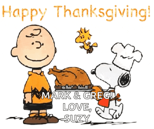 a cartoon of charlie brown and snoopy with the words happy thanksgiving