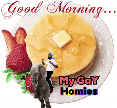 a man riding an elephant on a plate of pancakes with the words " my gay homies " below it