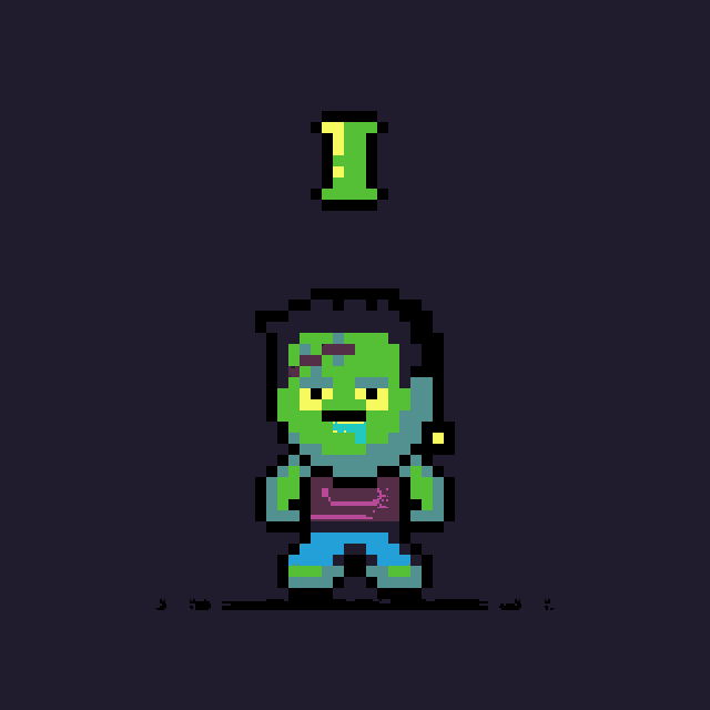 a pixel art of a zombie says brains
