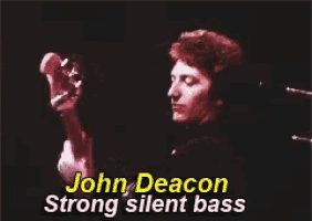 a man playing a guitar with the words john deacon strong silent bass written below him