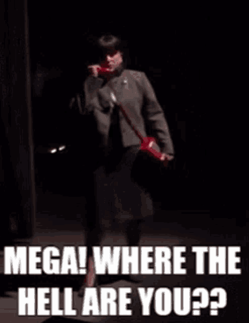 a woman talking on a red phone with the words mega where the hell are you