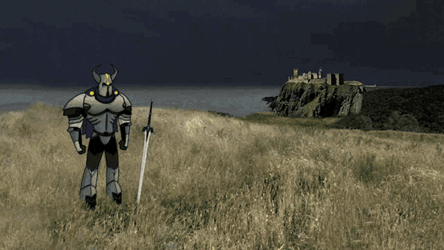 a cartoon of a knight holding a sword standing in a field