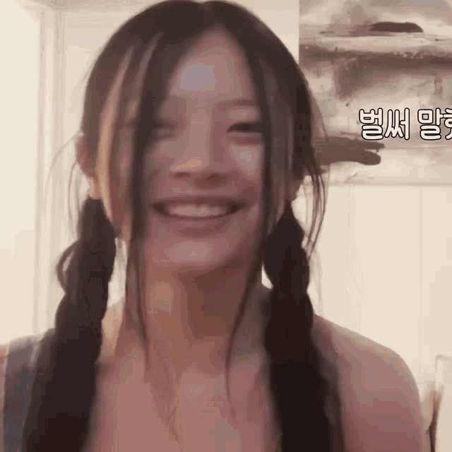 a woman with pigtails is smiling in front of a painting with chinese writing on it