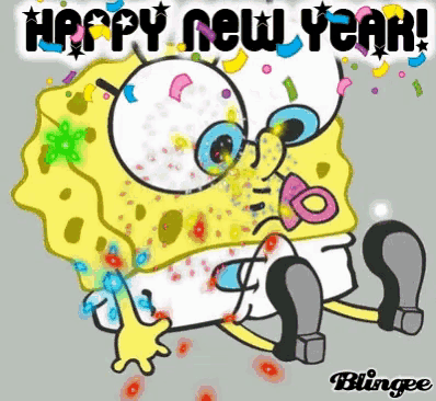 a cartoon of spongebob with the words happy new year written above him