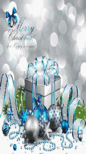 a christmas card with blue and silver decorations and the words merry christmas