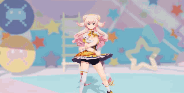 a girl with pink hair is dancing on a stage in front of a colorful background