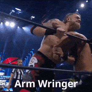 a man in a wrestling ring with the words arm wringer written below him