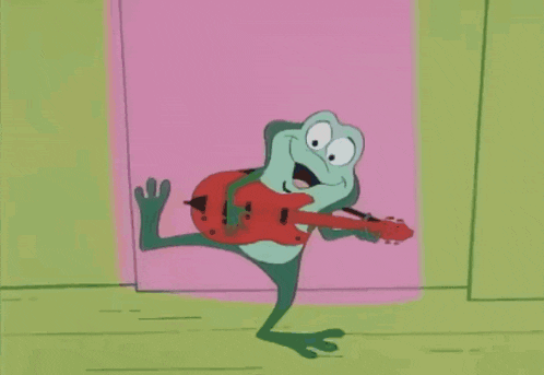 a frog is playing a red guitar in a cartoon