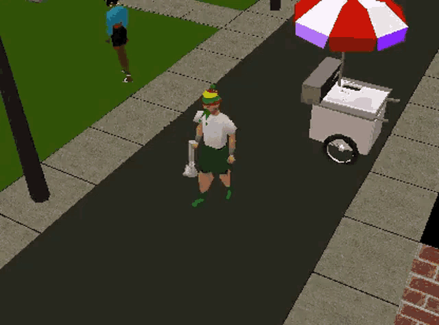 a man in a green hat is standing in front of an ice cream cart with an umbrella