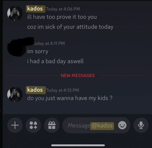 a screenshot of a discord conversation between kados and someone else