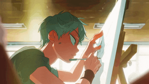 a person with green hair is drawing on a white board