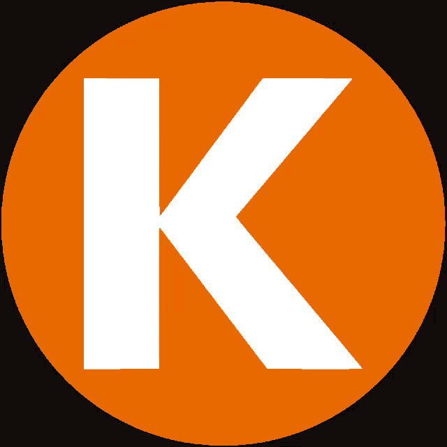 an orange circle with a white letter k inside of it