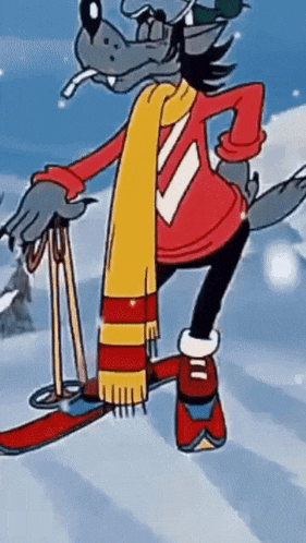 a cartoon wolf wearing a red sweater and a scarf is skiing